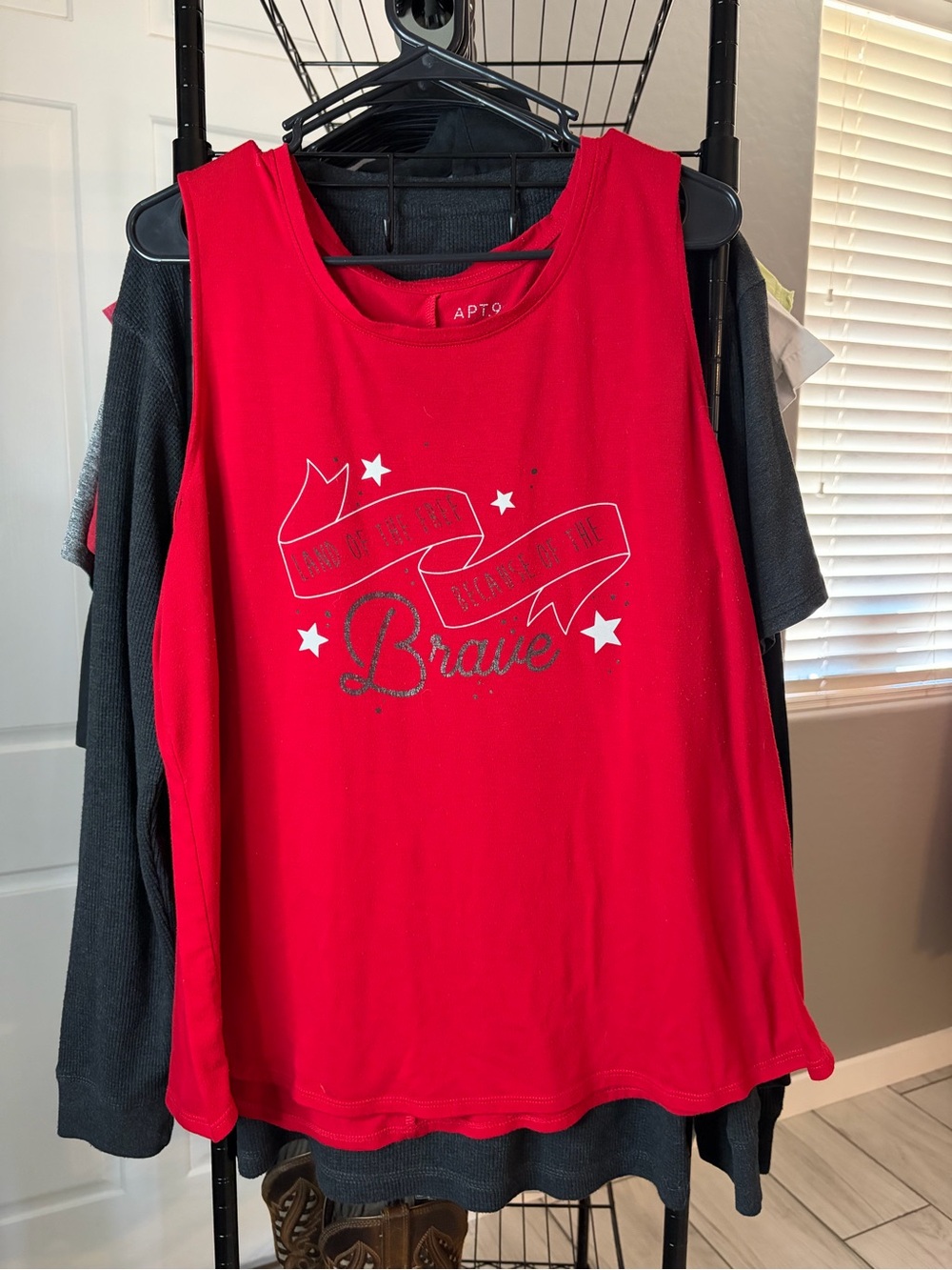 Apt. 9 Red Sleeveless Graphic Muscle Tee with Silver Glitter "Brave"